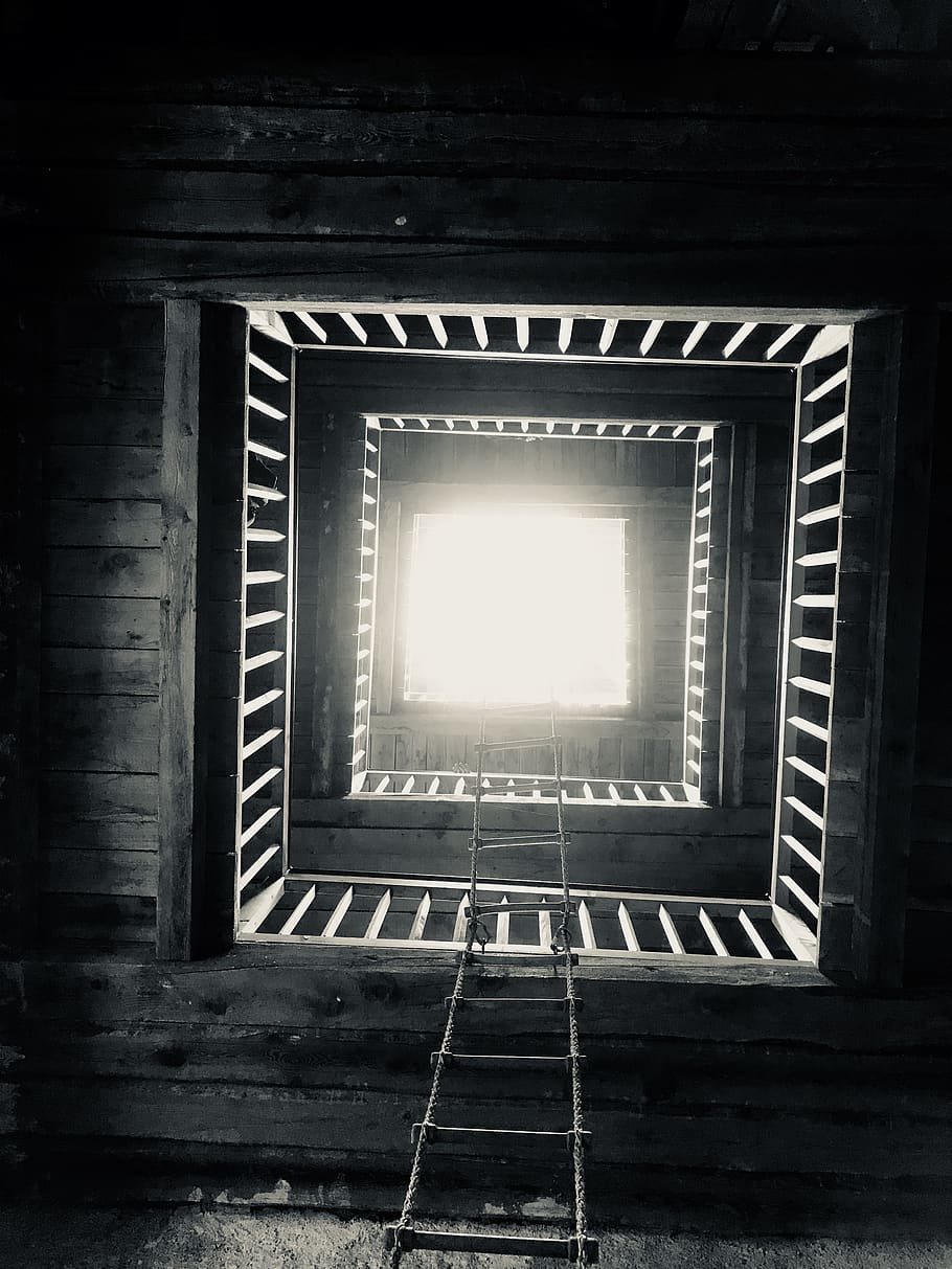 black and white, rope ladder, floors, unusual view, top, light