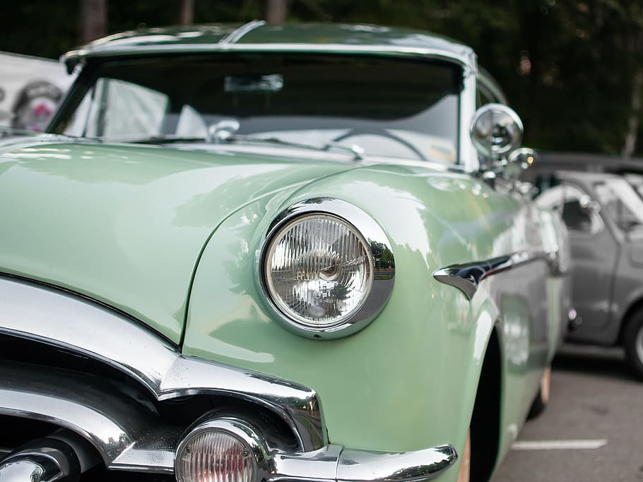 selective focus photography of classic teal vehicle, auto, oldtimer HD wallpaper