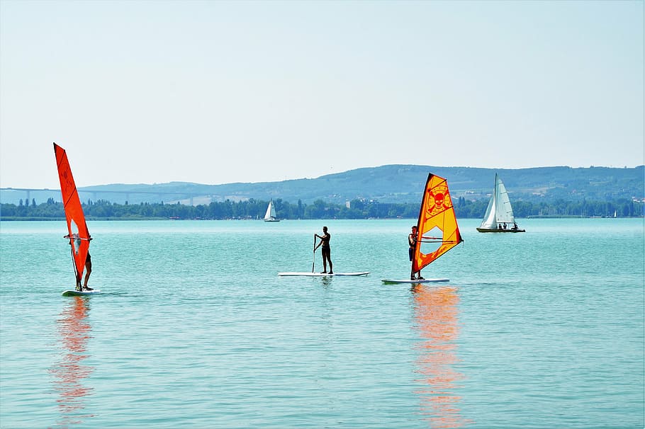 person riding on sail boat, windsurfing, water sport, summer, HD wallpaper