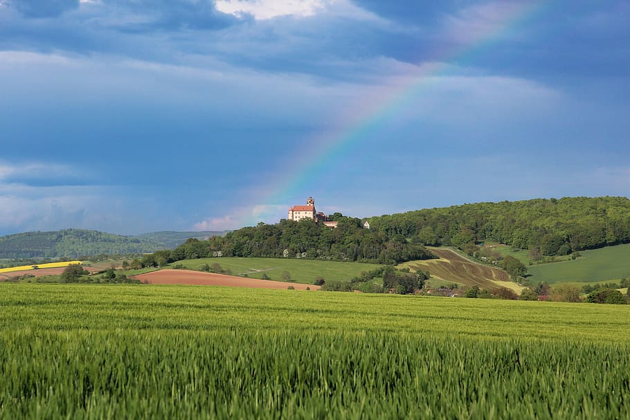 germany, hesse, main-kinzig circle, ronneburg, spring, rainbow