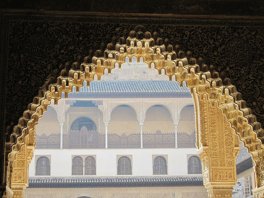 alhambra, spain, granada, gold, goal, moorish, archway, islamic art HD wallpaper