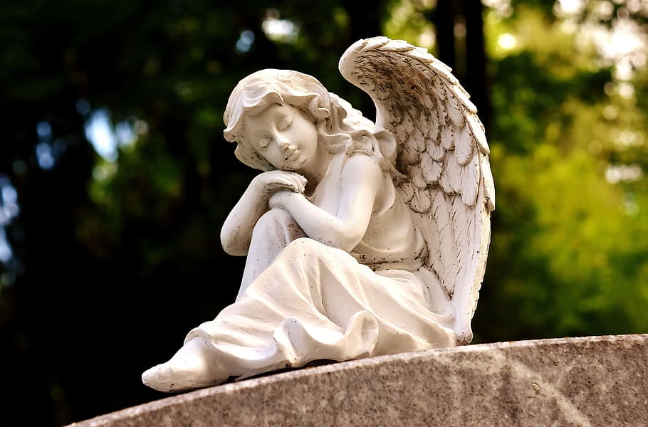female angel sleeping statue, sculpture, white, figure, cemetery