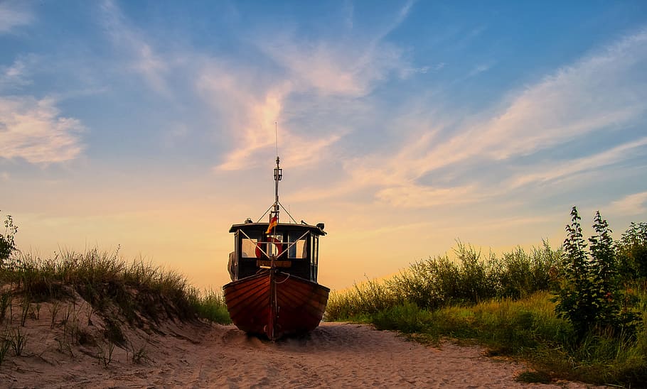 brown boat surrounded by grass, germany, island of usedom, seebad ahlbeck, HD wallpaper
