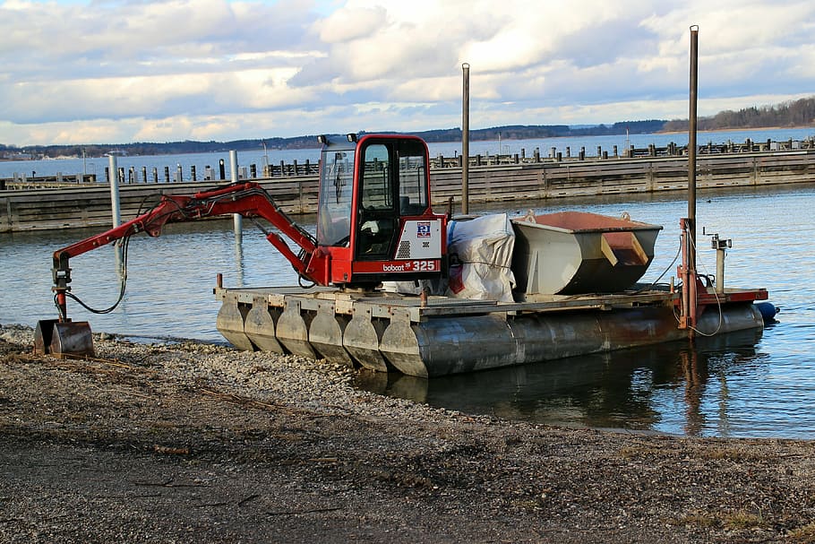 excavators, site, water, dredgers, water construction vehicle HD wallpaper