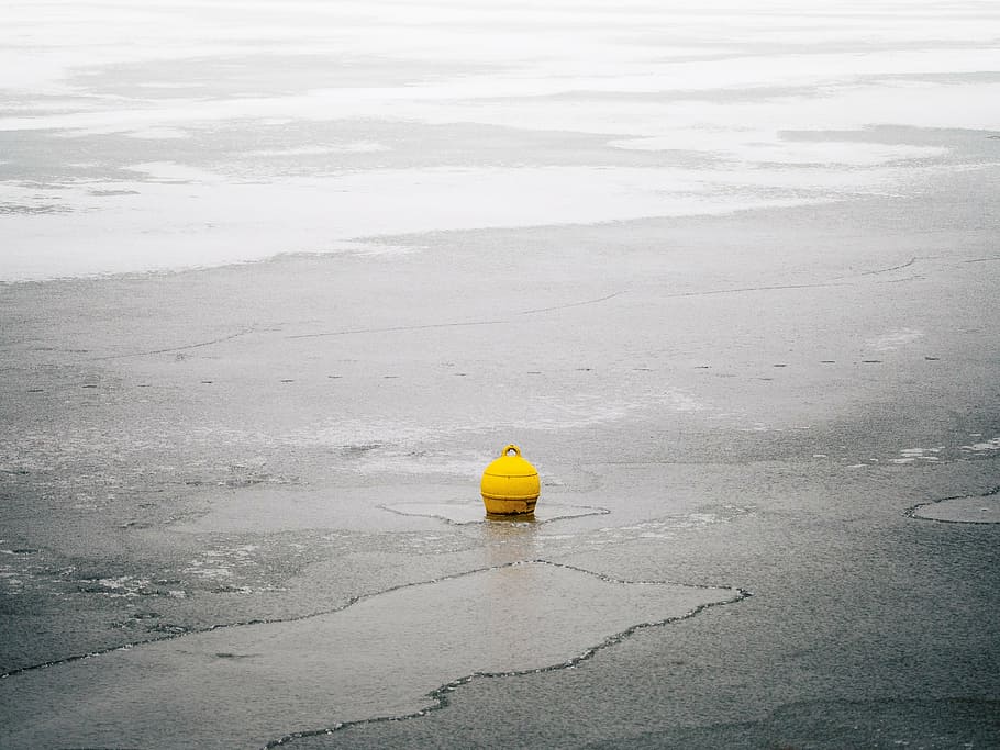 buoy, yellow, lake, winter, pond, ice, frost, snow, cold, water, HD wallpaper