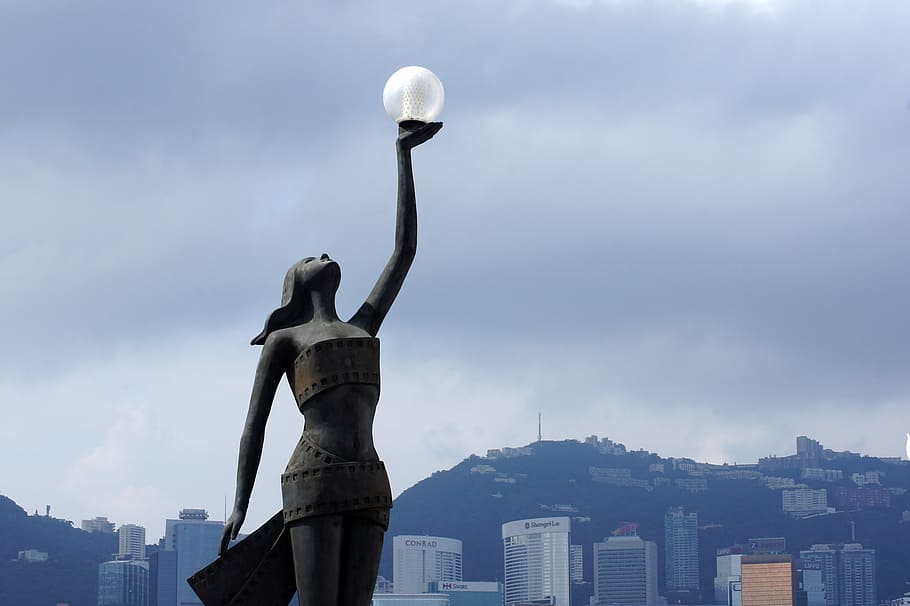 woman raising clear glass globe, cityscape, hong kong skyline, HD wallpaper