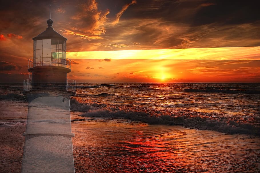 lighthouse, sky, sea, water, mood, clouds, friesland, night HD wallpaper