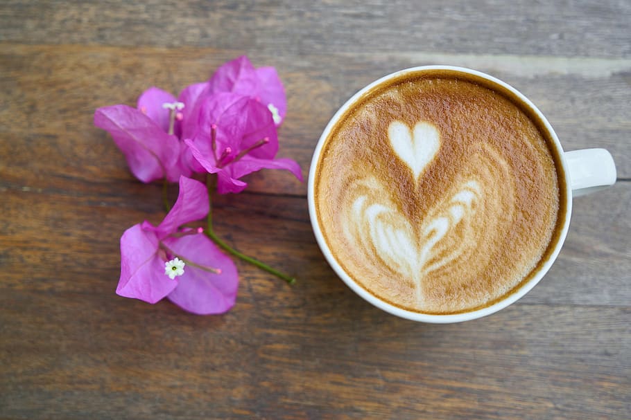 white ceramic coffee mug beside pink flowers, cafe, table, food HD wallpaper