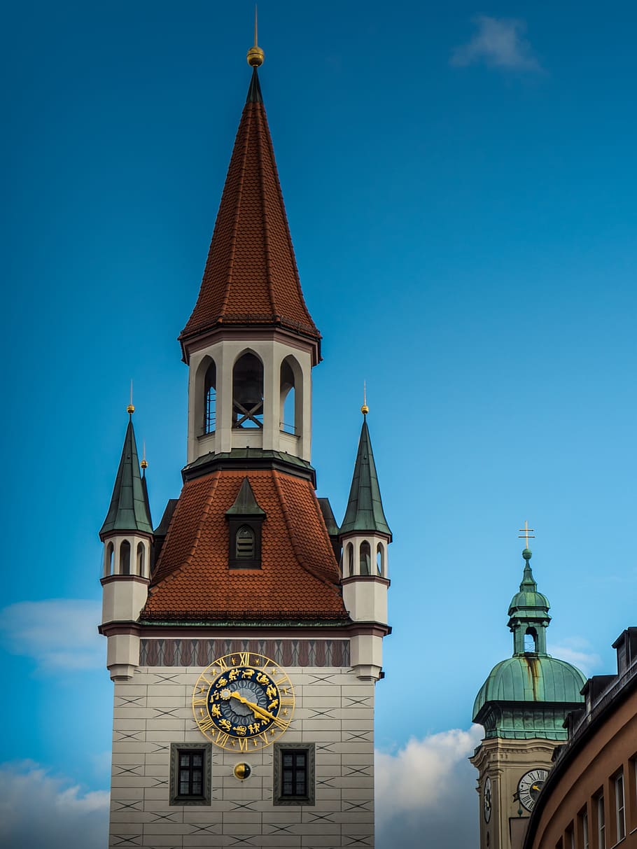 munich, churches, steeples, clock, city, architecture, tower HD wallpaper