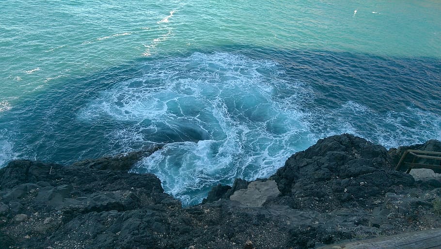 Sea, Cliff, Water, Rock, Coast, Stone, ocean, fuerteventura, HD wallpaper