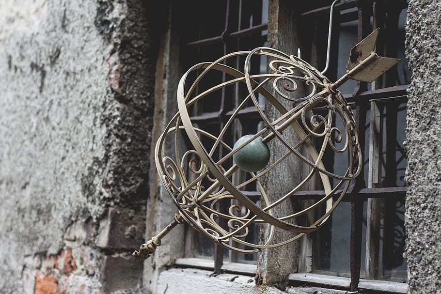 armillary sphere, globe, arrow, world, direction, metal, old