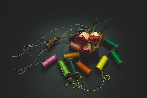 flat lay photo of threads, rose and silk threads, photography HD wallpaper