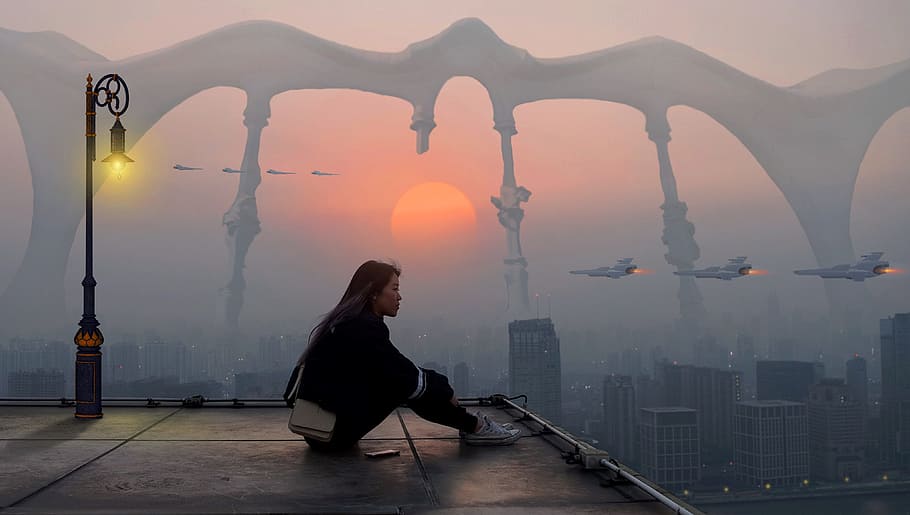 woman sitting on top of building, fantasy, girl, city, sunrise, HD wallpaper