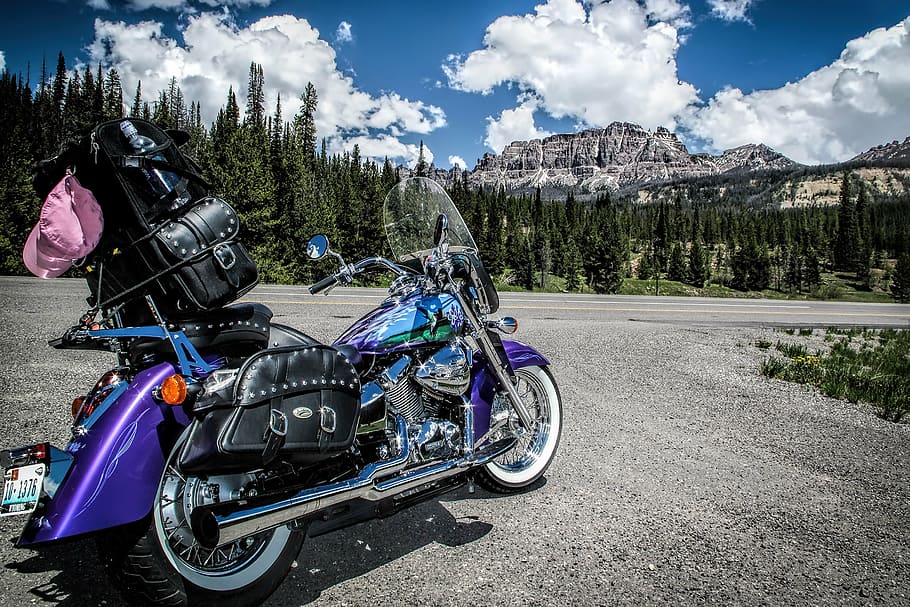 blue and black touring motorcycle, custom, paint, wyoming, mountain HD wallpaper