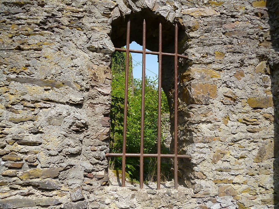 closeup photo of window metal grill, bars, wall, stone, masonry HD wallpaper