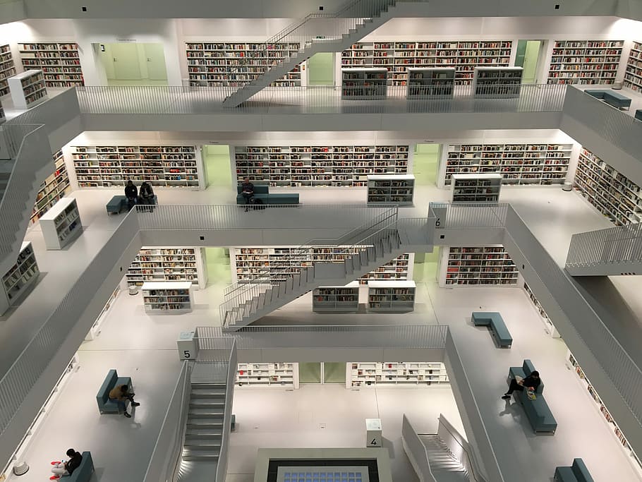 architectural photography of library, interior photo of 4-storey library HD wallpaper