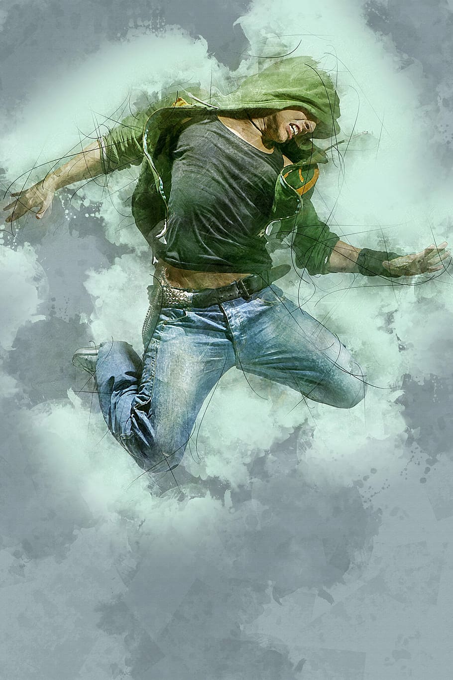 man in blue jeans and green hoodie illustration, male, young HD wallpaper