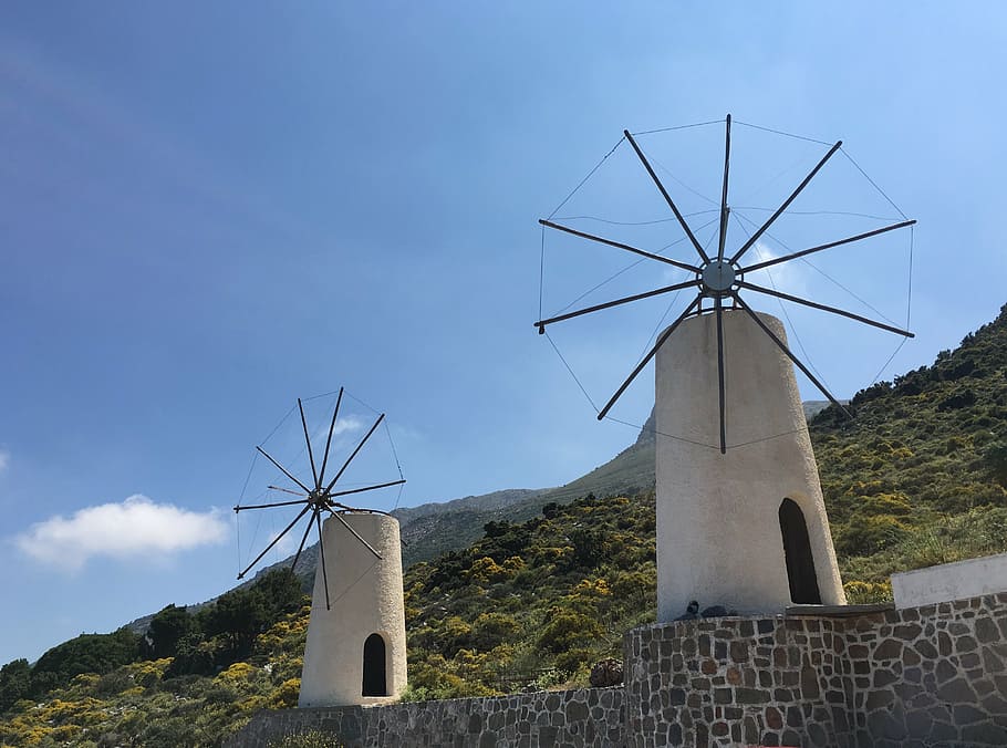 crete, lasithi, plateau, wind rooting, island of crete, windmill, HD wallpaper