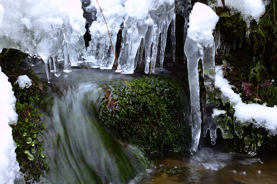 waterfall, winter, spring, nature, ice, icicle, castle, kompařov, HD wallpaper