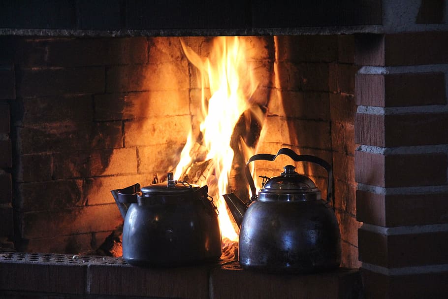 two gray kettles on brown fireplace, hot coffee, flames, fire - Natural Phenomenon HD wallpaper