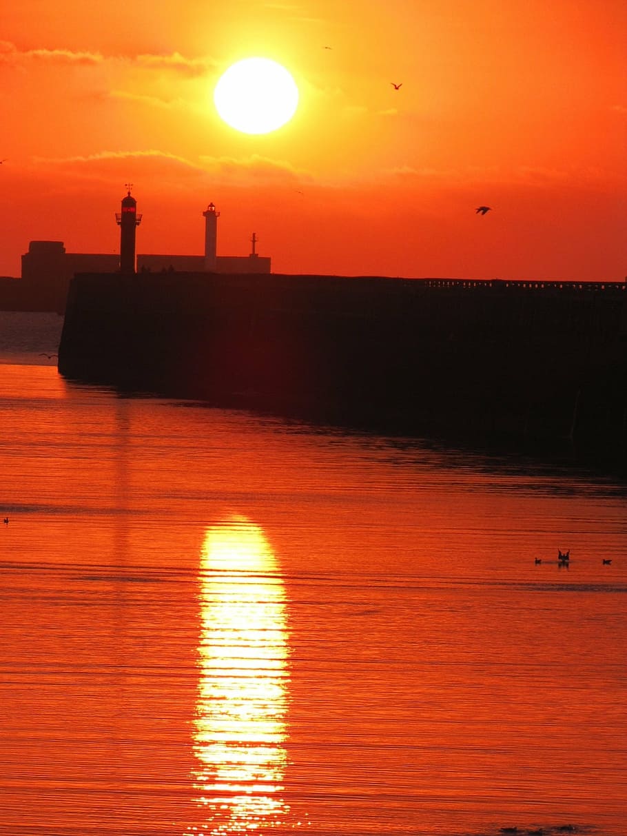 landscape, sea, lighthouse, wave, sunset, sunshine, coast, dusk HD wallpaper