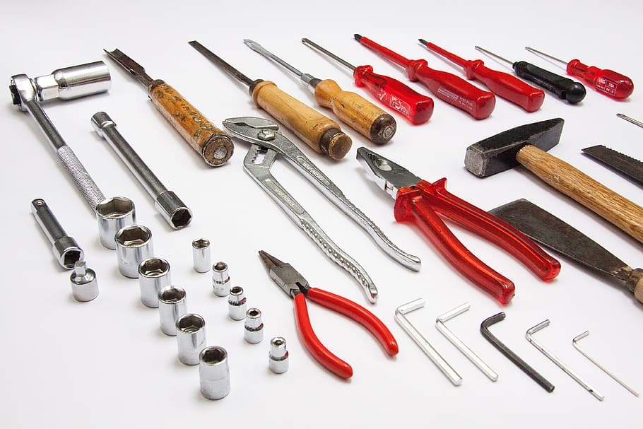 assorted hand tools on white surface, devices, work, craft, allen