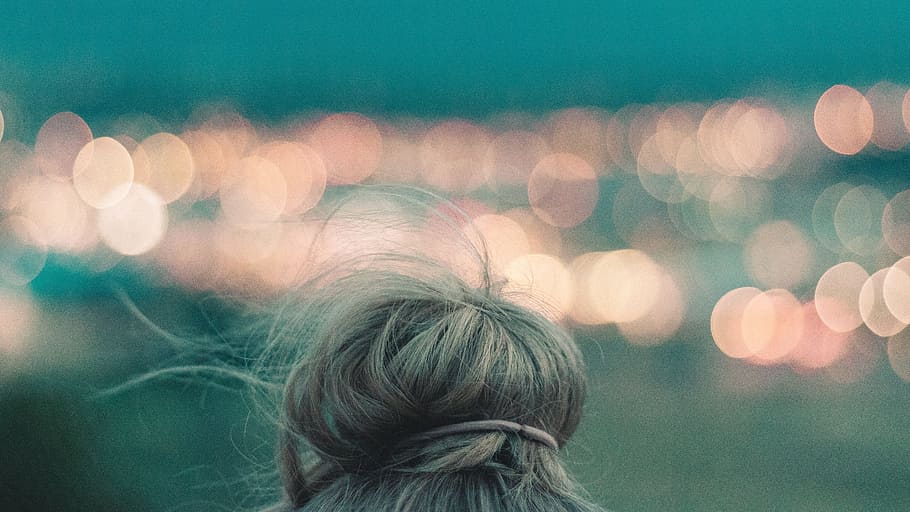 bokeh, head, hair, rear view, lens flare, one person, adult HD wallpaper