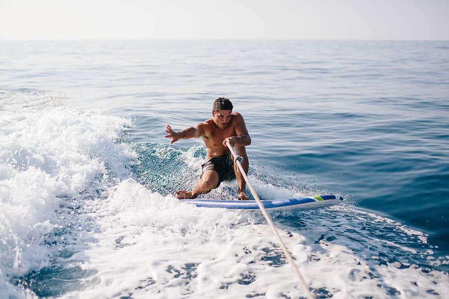 Skurfing, man on surfboard, sea, ocean, water, wake board, leisure activity, HD wallpaper