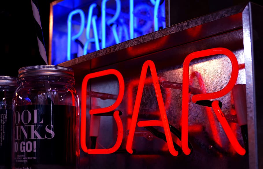 red Bar neon light signage, party, signs, celebrate, bottles