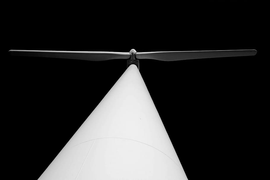 grayscale photography of airplane propeller, wind turbine, wind farm HD wallpaper