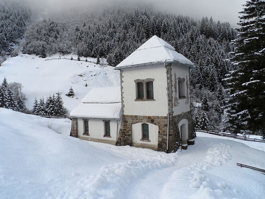 austria, chapel, building, winter, snow, ice, forest, trees HD wallpaper