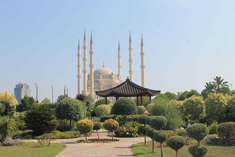 adana, sabanci, mosque, central, park, turkey, plant, tree