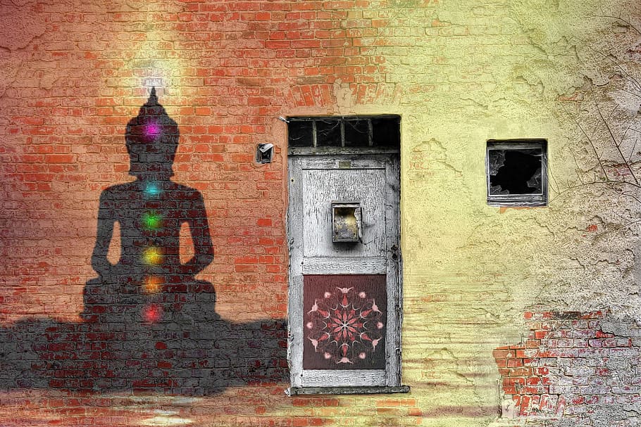 Buddha wall silhouette painting, mandala, chakra, brick, door, HD wallpaper
