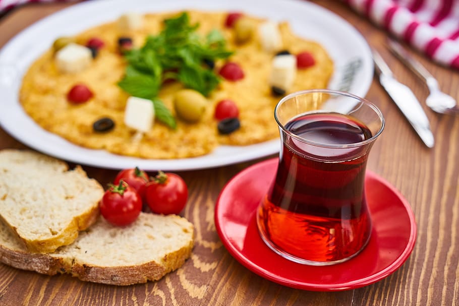 tea, omelet, breakfast, yellow, egg, fresh, health, food photo HD wallpaper