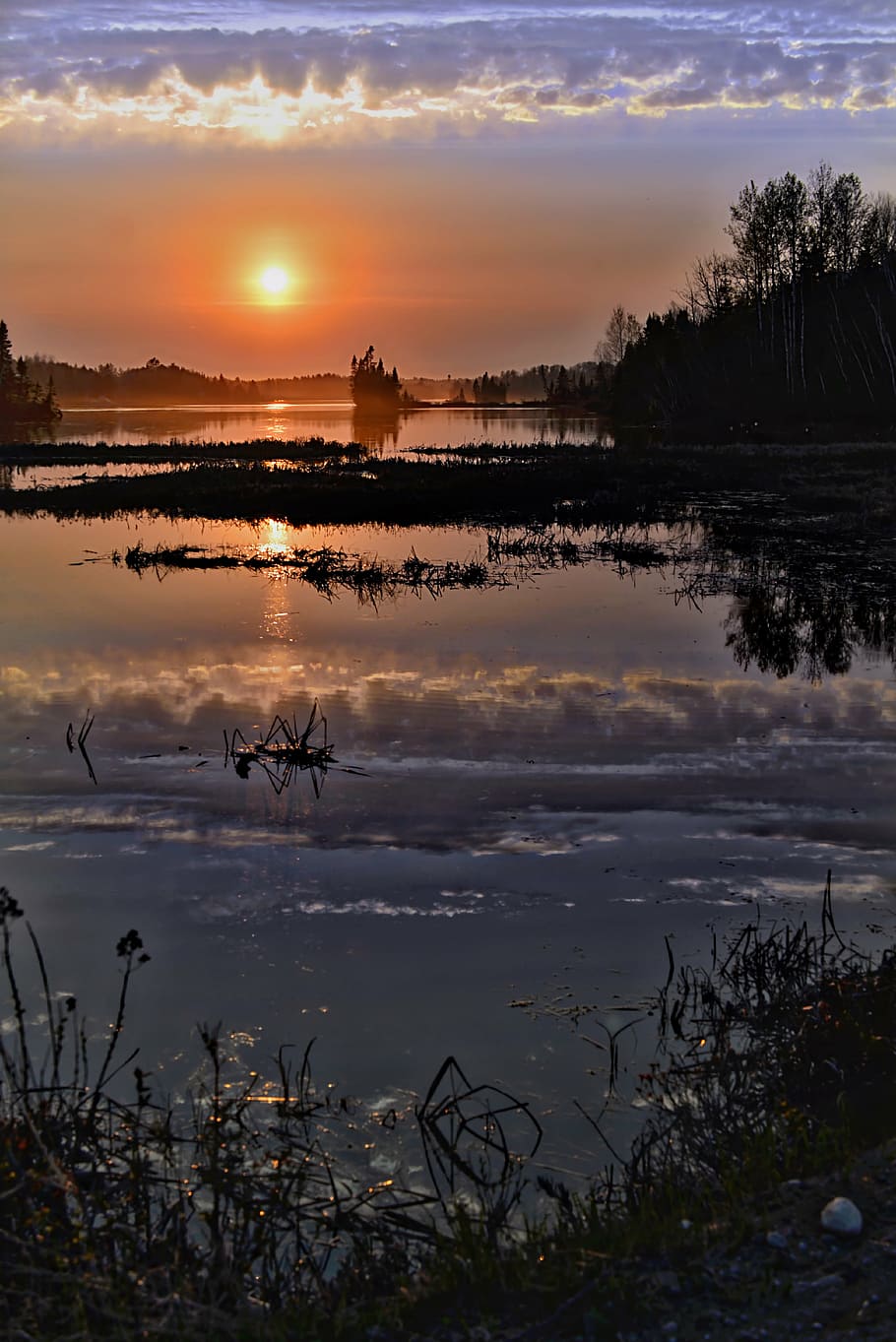 sunset, twilight, landscape, lake, trees, reflections, water HD wallpaper