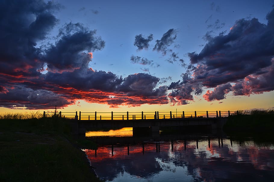bridge, sunset, evening sun, landscape, natural landscape, sky HD wallpaper