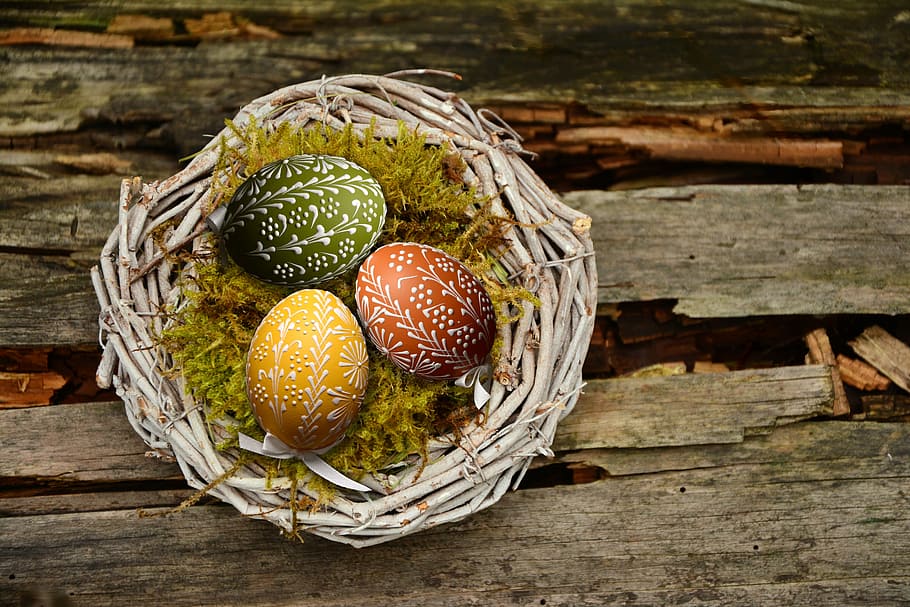 yellow, green, and red easter eggs on brown bird nest, easter nest HD wallpaper