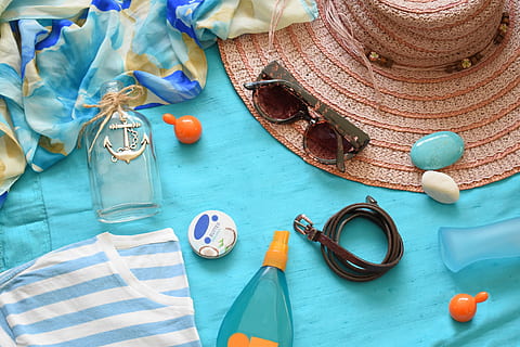 black sunglasses beside assorted-color gemstones and sun hat HD wallpaper