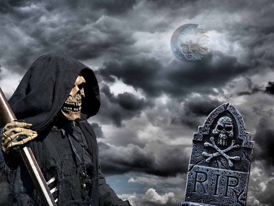 skeleton holding sword beside tombstone wallpaper, death, grim reaper, HD wallpaper