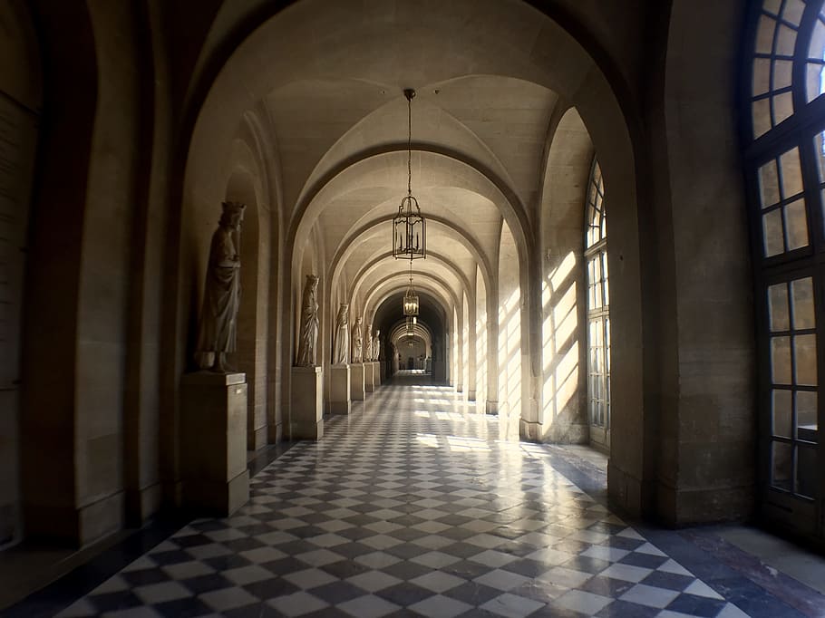 concrete hallway, France, Palace, Travel, architecture, french