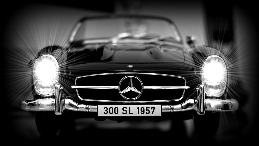 grayscale photography of Mercedes-Benz vehicle, car, auto, motor