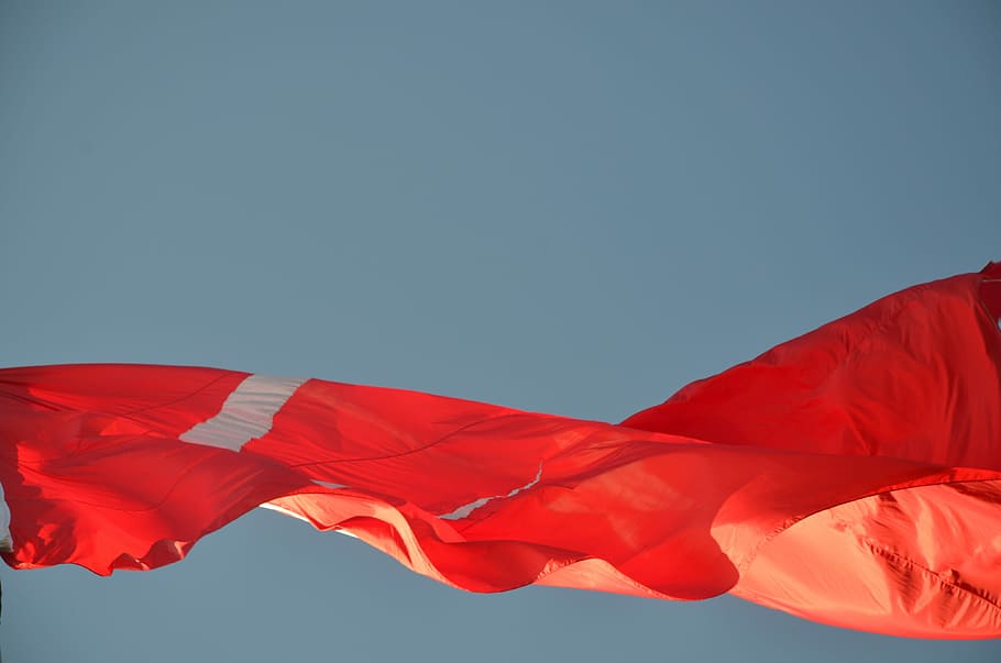 Sky, Flag, Fluctuation, Alva, Turkey, red, no people, clear sky HD wallpaper