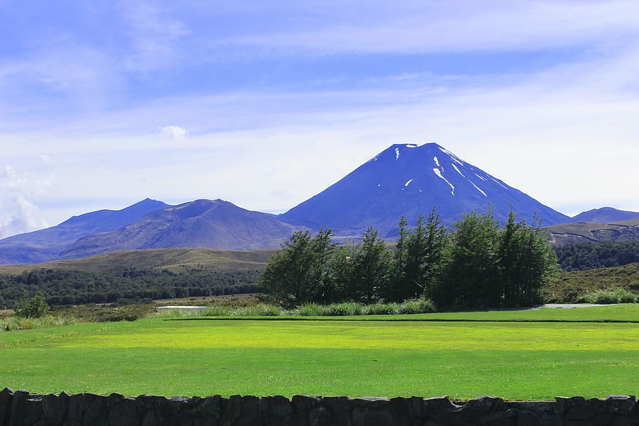 new zealand, mount ngauruhoe, landscape, mountain, grass, sky, HD wallpaper