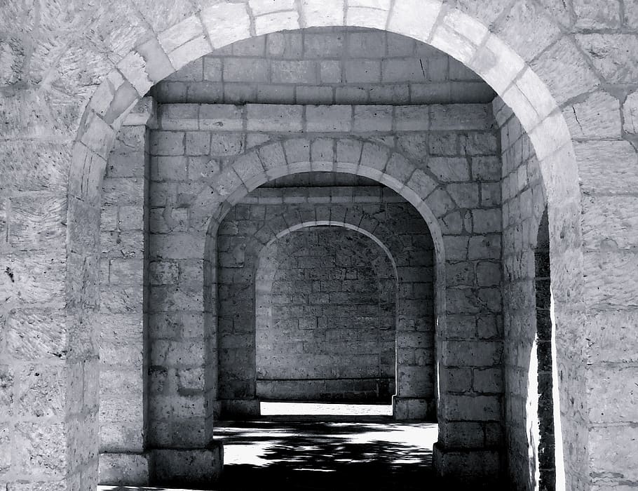mystery, mysterious, arch, arches, stone arch, black, white, HD wallpaper