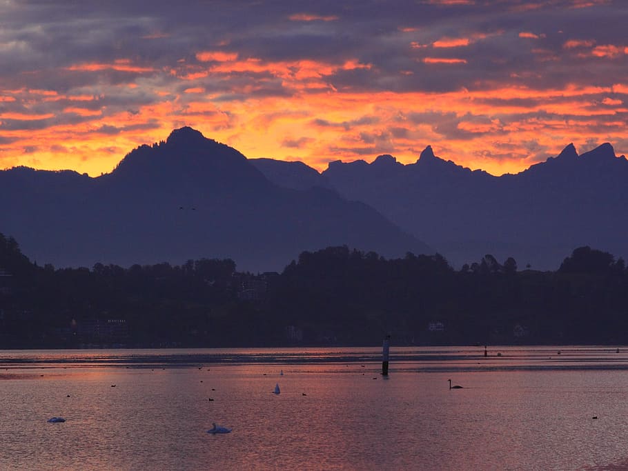 dawn, cloud, orange, lake, switzerland, lucerne, morning glow HD wallpaper
