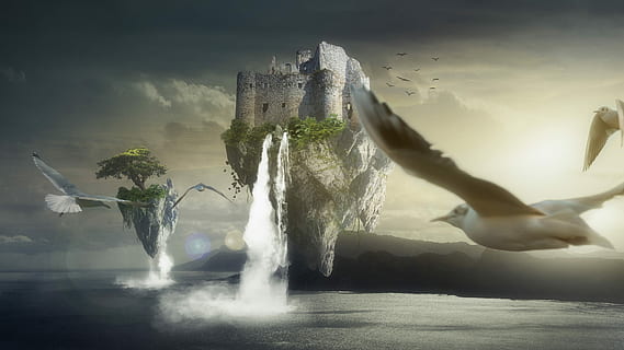birds flying towards to floating castle, fantasy, island, water HD wallpaper