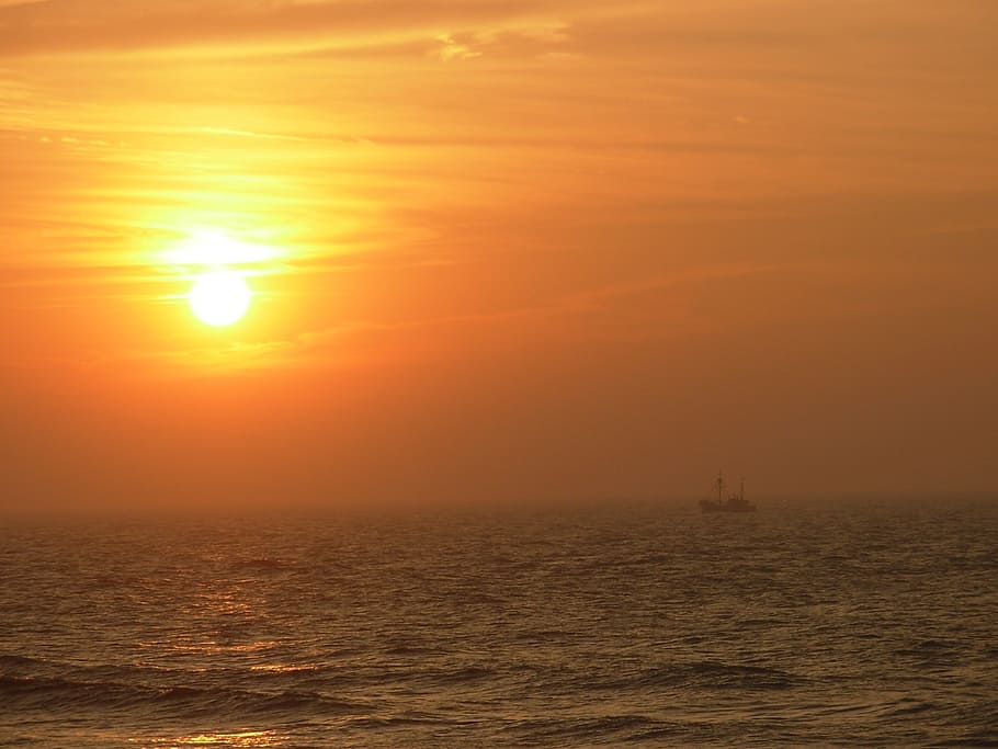 sunset, boat, sea, oostende, orange, yellow, setting sun, nature HD wallpaper