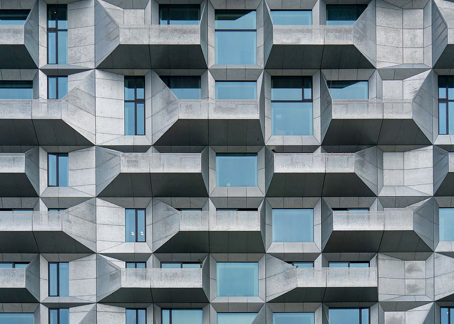 gray and teal building, architecture, pattern, window, apartment building HD wallpaper