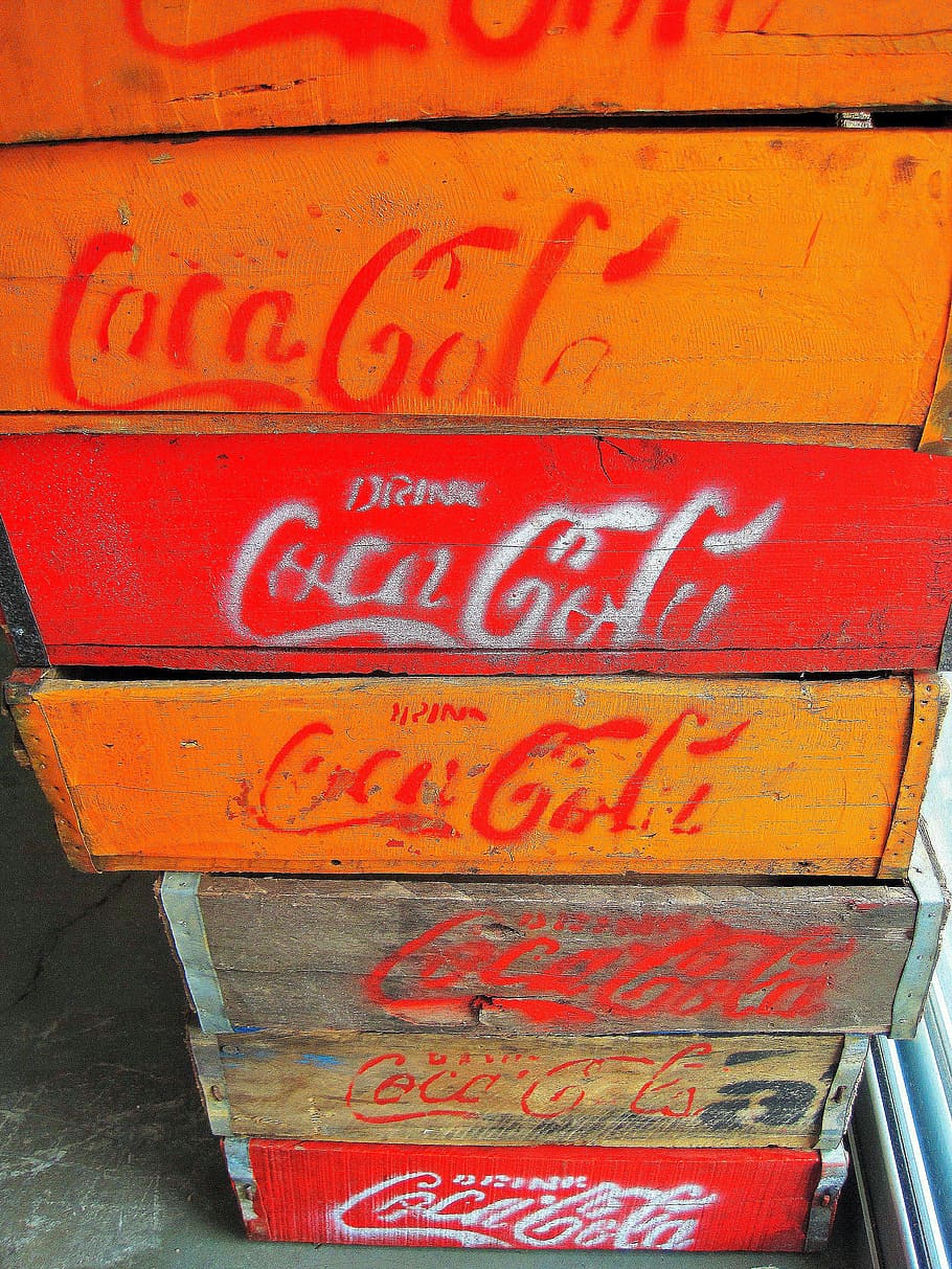 wooden boxes, coca cola, containers, painted, red, yellow, stacked HD wallpaper