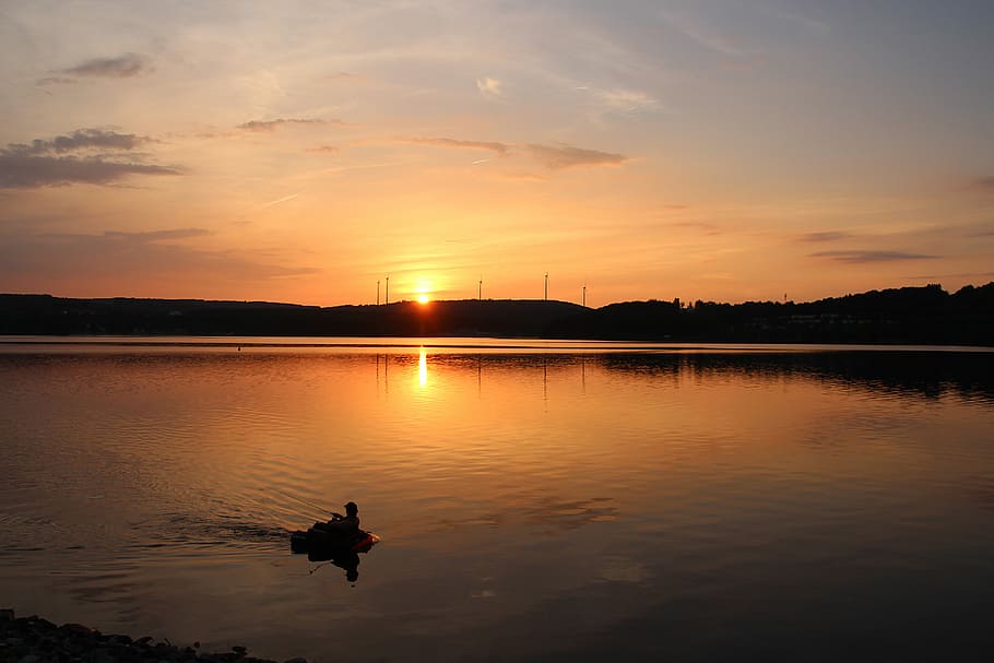 summer evening, sunset, lake, abendstimmung, evening sky, afterglow, HD wallpaper